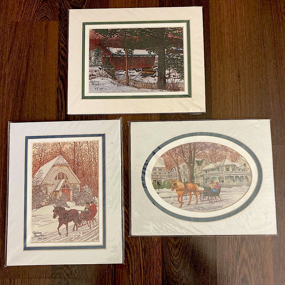 Signed Thelma Winters Prints - Set of 3 - Christmas, Winter, Horse and Carriage
